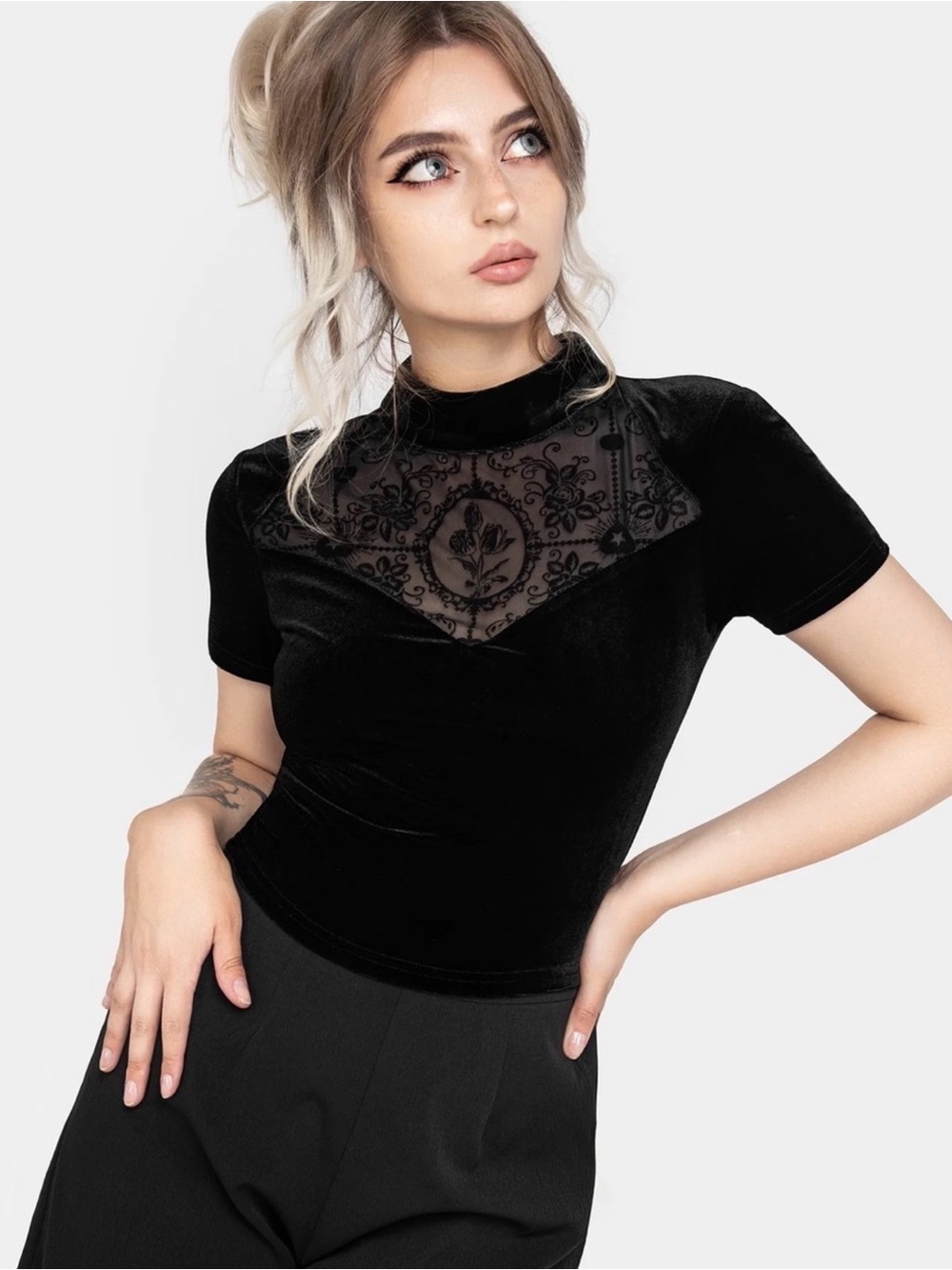Disturbia cameo floral flocked mesh velour high neck top sz6 - Picture 2 of 7